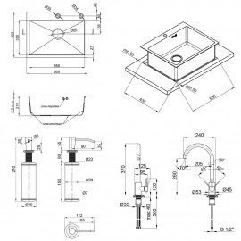 Набор 4 в 1 Qtap кухонная мойка D6045 2.7/1.0 мм Satin + смеситель + сушилка + дозатор для моющего средства