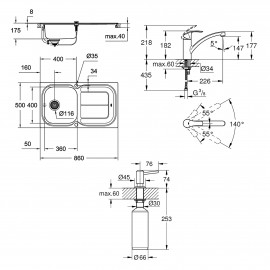 Набор Grohe мойка кухонная K300 31565SD0 + смеситель Eurosmart 33281002 + дозатор для моющего средства Contemporary 40536000